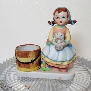 Vintage 1980 Porcelain Girl with Piglet / Tea Light Holder